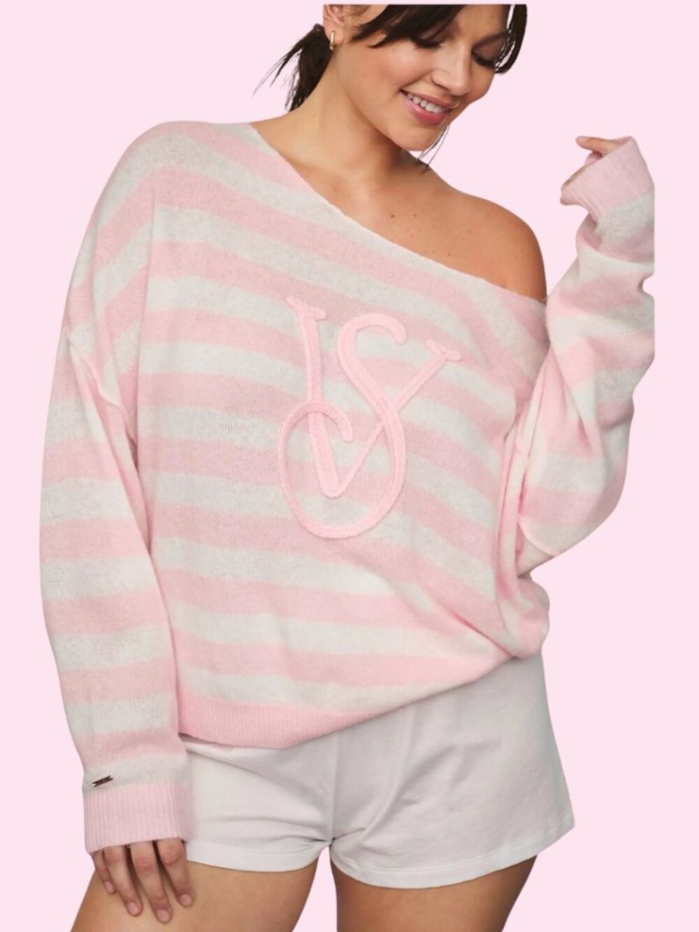 NEW Victoria's Secret Luxe Knit Boatneck Sweater in pink stripes Large-New
